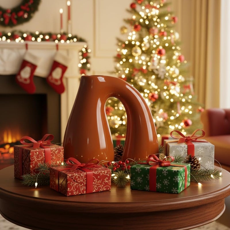 PROBENEX Brown Ceramic Decorative Pitcher Vase, 7.5 in – Glossy Sculptural Arch-Handle, Warm Earth-Tone Home Décor for Fresh or Dried Floral Arrangements, Table/Shelf/Entryway, Giftable - Image 2